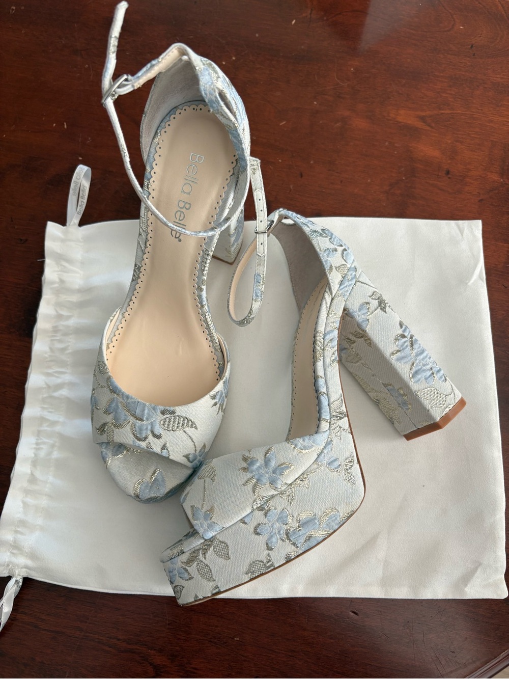 Bella Belle “Catarina” Powder Blue Floral Platform Sandals with Ankle Strap